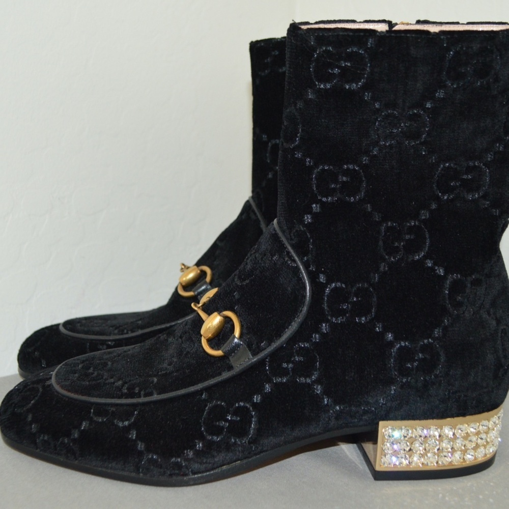 Gucci 'Mister GG' Monogram Velvet Horsebit With Rhinestone Black Boots SZ 37.5 - Picture 5 of 14